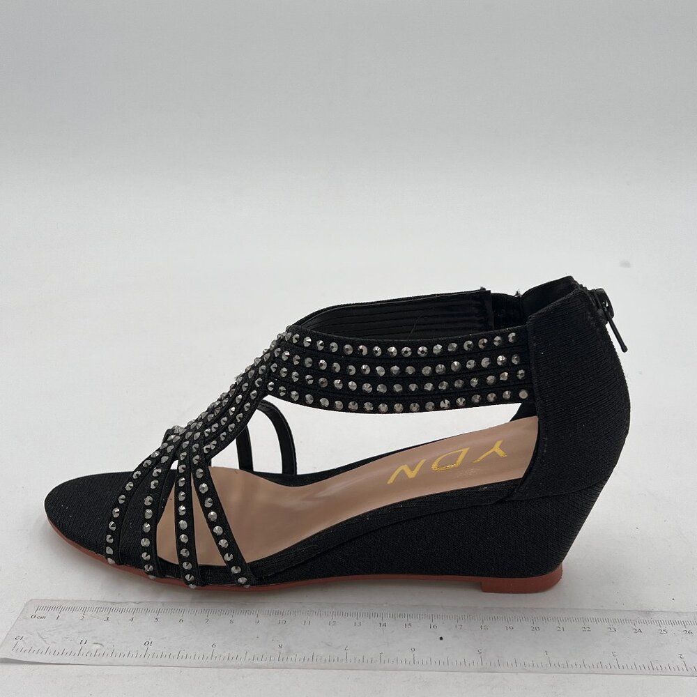 YDN Black Wedge Glitter Open Toe Rhinestones Cross Over Straps Mid Heel Sandals - Picture 2 of 8